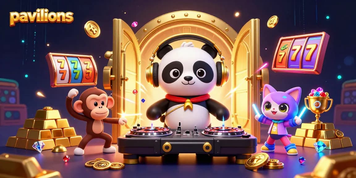 Experience winning thrills at pavilions with vibrant casino characters and dynamic slot elements.