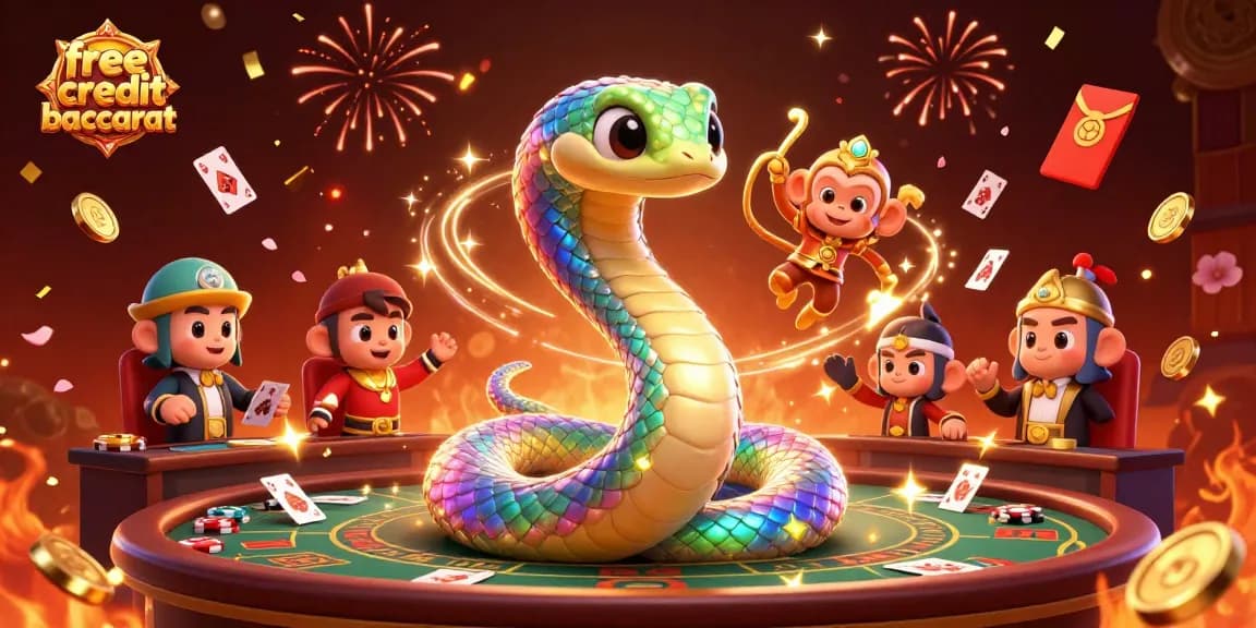 Play to win with free credit baccarat as the lively monkey king swings with a vibrant serpent in a busy casino.