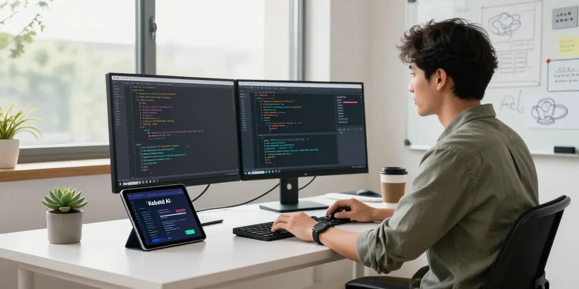 KoboldAI developer coding in a modern tech workspace with AI elements, showcasing productivity and innovation.