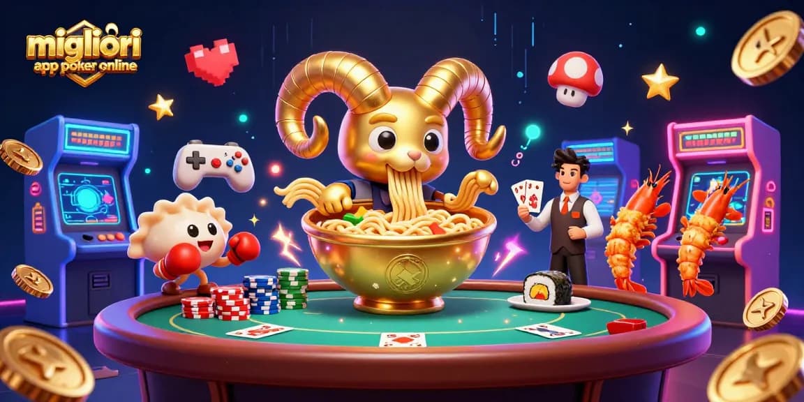 Migliori app poker online con un tavolo pieno di azione e personaggi colorati che distribuiscono carte e chips