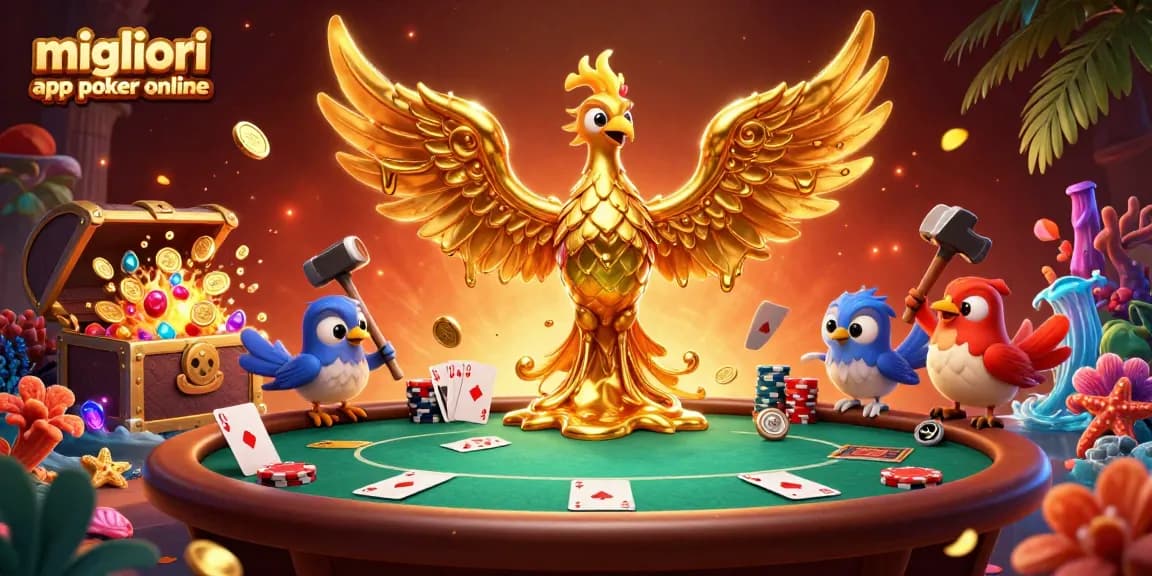 Scopri le migliori app poker online con questa illuminante illustrazione 3D di un tavolo da poker, monete dorate e simboli di vittoria.