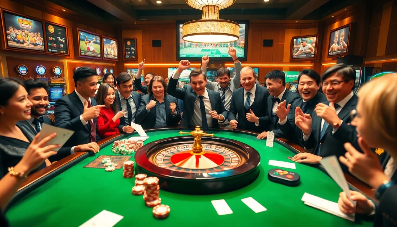 Engage in thrilling sbobet link alternatif action at a vibrant casino table surrounded by excited gamblers.