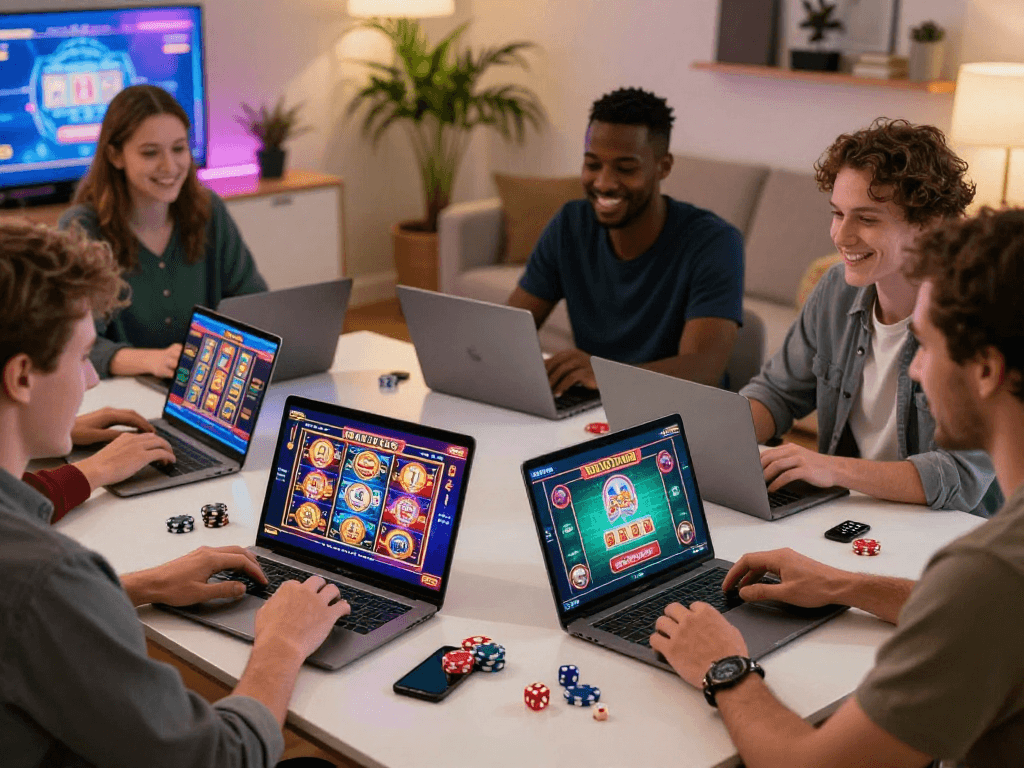 UK players enjoying online casino games at home with devices showcasing https://cybermentors.org.uk, emphasizing vibrant atmosphere and freedom.