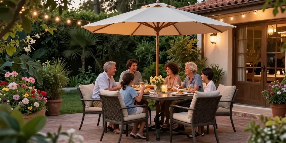 Stylish patio dining sets set up for a family gathering in a lush garden.