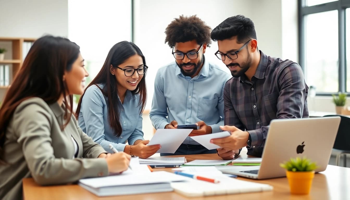 Engaged TOEFL test takers for hire collaborating in a professional setting.