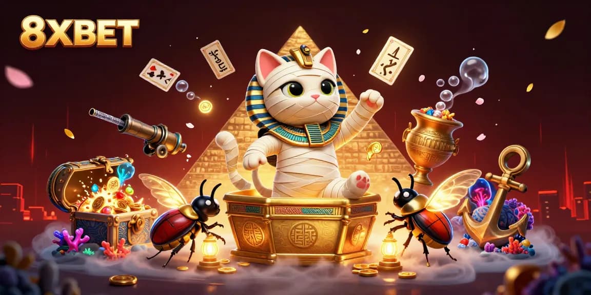 Experience thrilling gameplay at 8XBET with a unique pyramid casino illustration featuring vibrant characters.