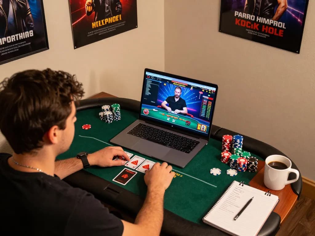 The hidden wiki displayed on a vibrant laptop screen during a focused online poker session, showing cards and chips.