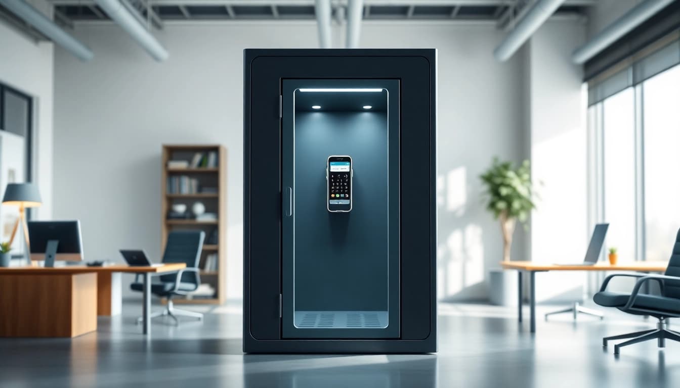 Phonelocker mit modernem Design und Sicherheitsmerkmalen in einem eleganten Büro.