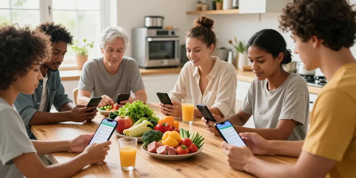 The best macro tracking app demonstrated by a diverse group exploring nutrition options in a vibrant kitchen.