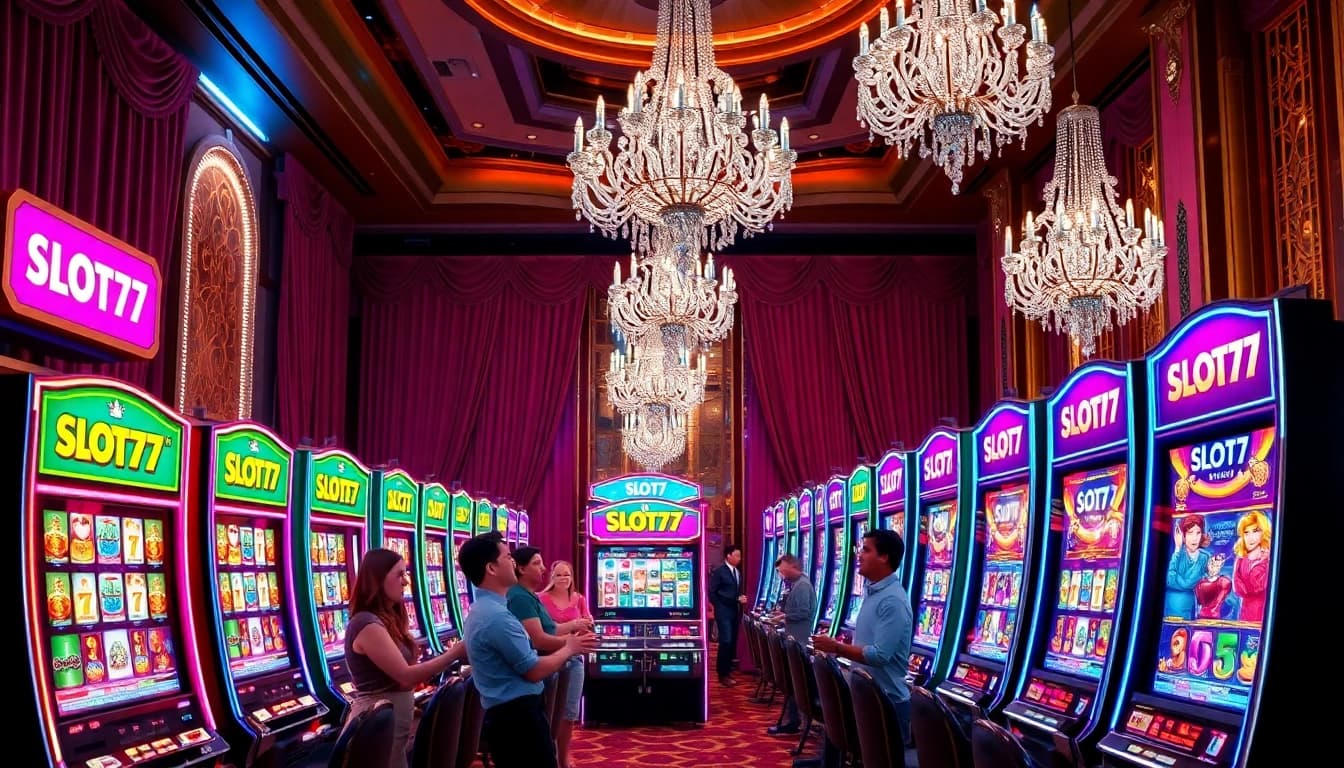 Mainkan Slot77 di mesin slot yang megah dengan pencahayaan warna-warni.