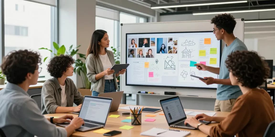 Team collaboration around a digital mixboard for brainstorming ideas in a creative office.