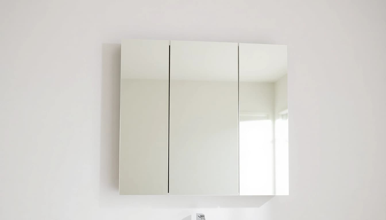 Spiegelschrank mit LED Beleuchtung beleuchtet modern eingerichtetes Badezimmer.