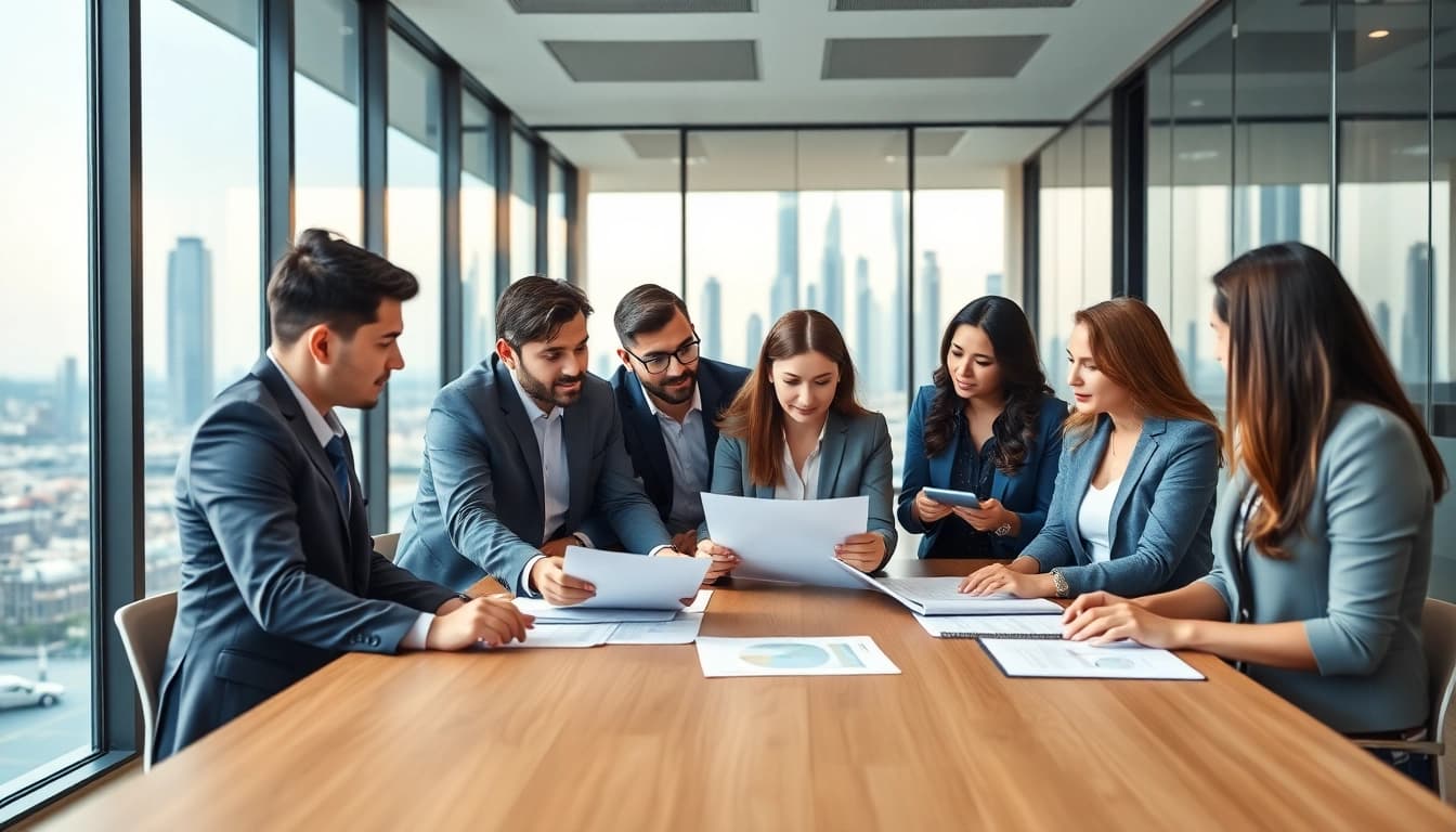 Business Consultants in Dubai collaborating in a modern office setting with city views.
