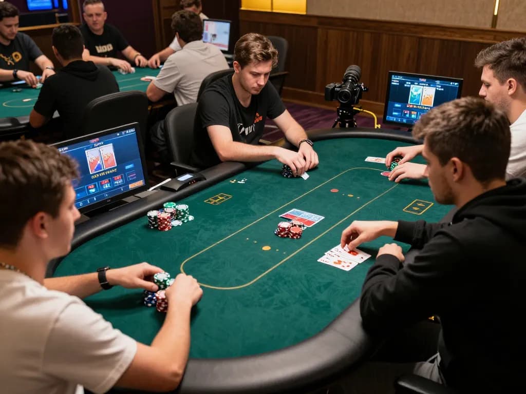 Pemain terlibat dalam aksi permainan idn poker online dengan chip berwarna-warni dan antarmuka taruhan