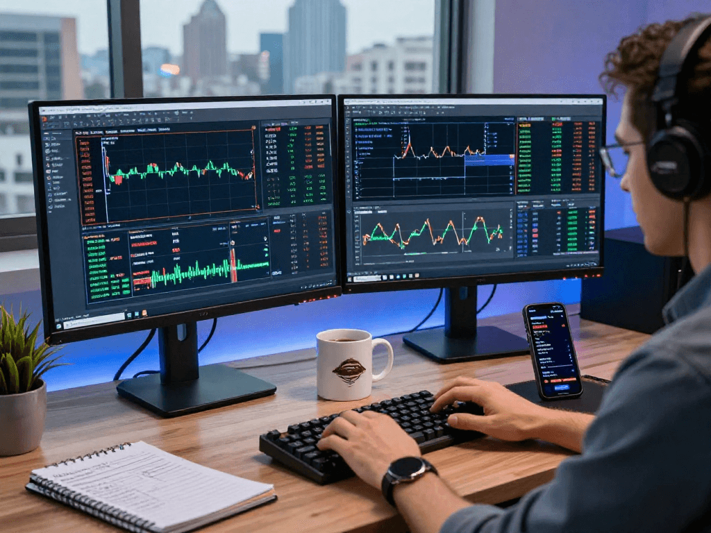 Trader using MetaTrader 5 for financial analysis in a modern workspace.