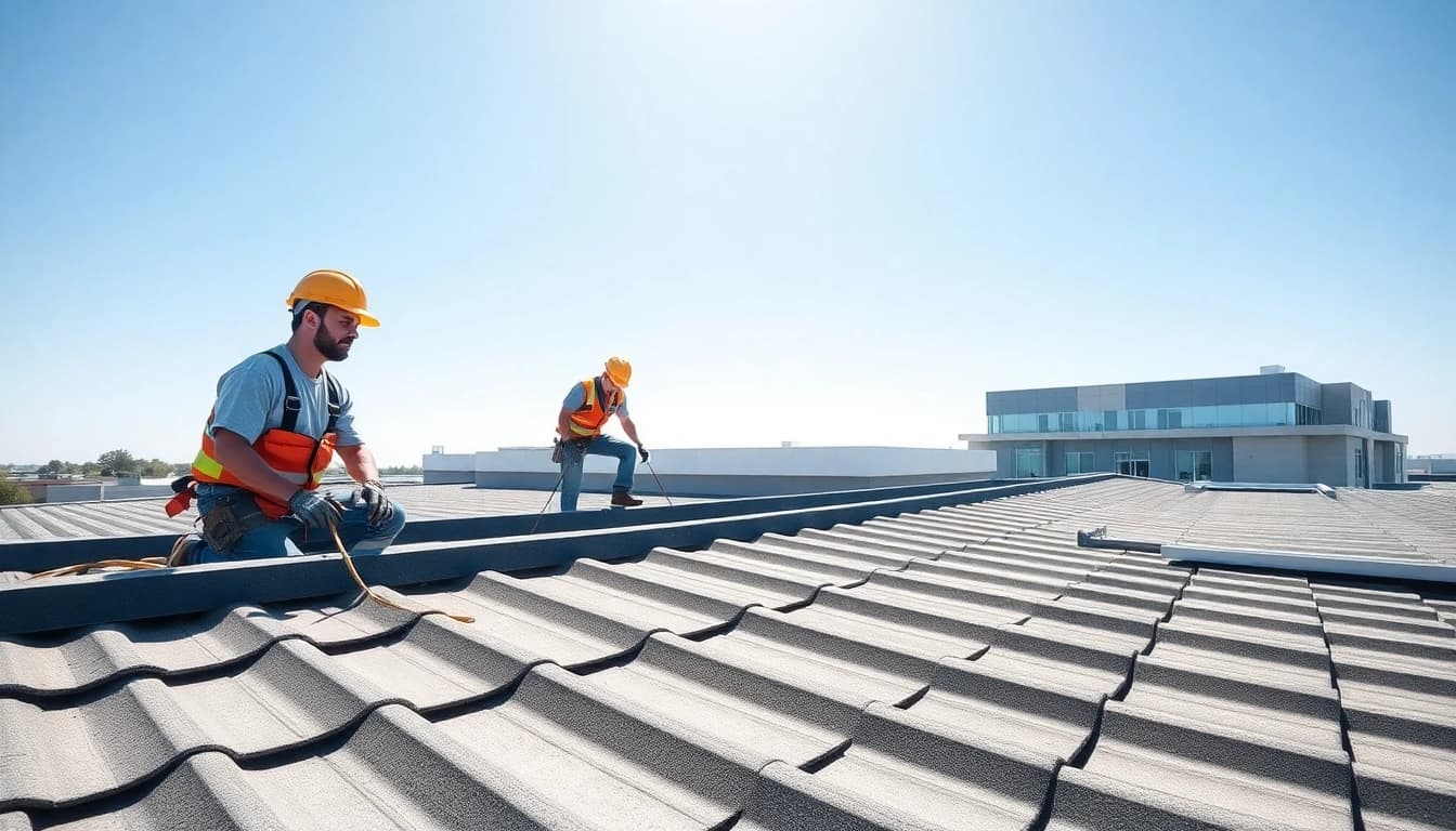 Showcasing expert roofers on a commercial roofing services project, emphasizing quality and professionalism.