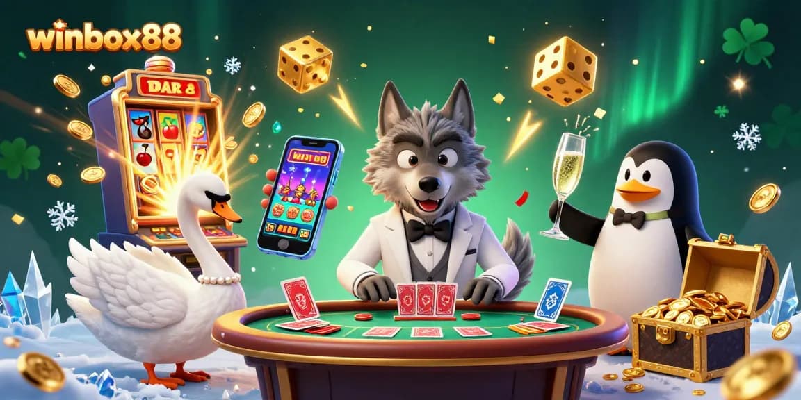 Experience the excitement of winbox88 with a cartoon wolf, swan dealer, and penguin sommelier in a lavish casino scene.