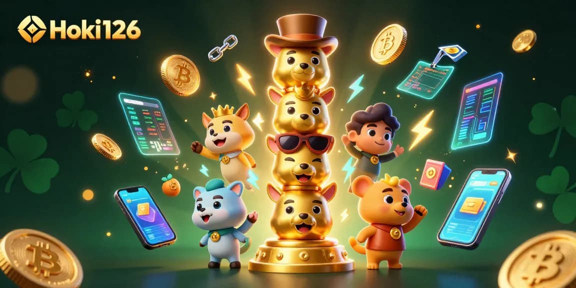 Engage with Hoki126's vibrant casino scene featuring a golden totem and dynamic gambling elements.