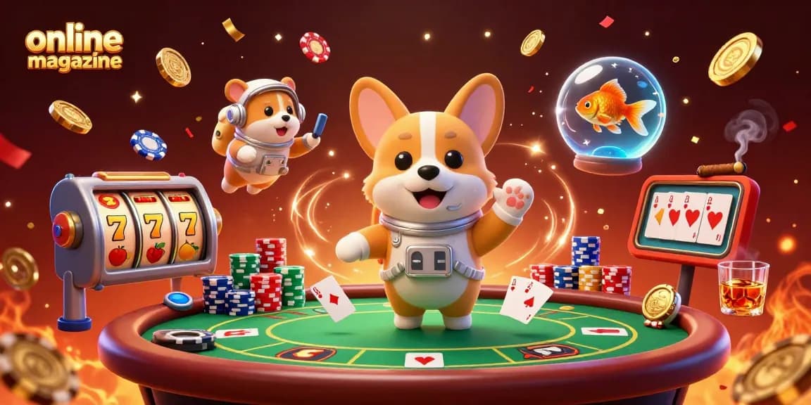 Engage with the thrilling atmosphere of our online magazine depicting a 3D cartoon astronaut corgi in a zero-gravity casino.