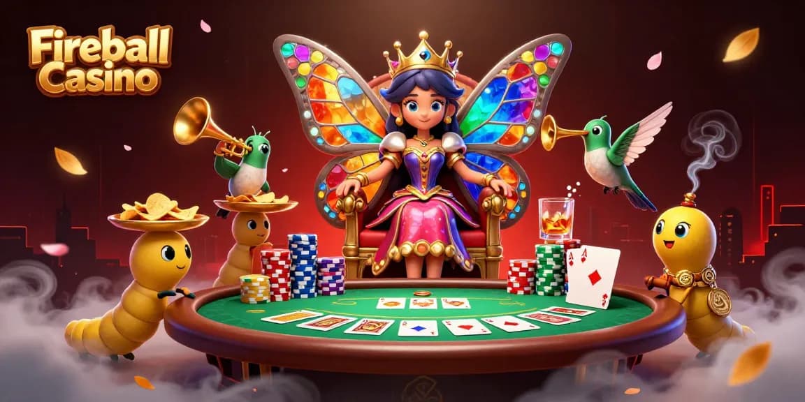 Fireball Casino zachwyca grą w pokera z kolorowymi żetonami i królową motyli w centralnej roli