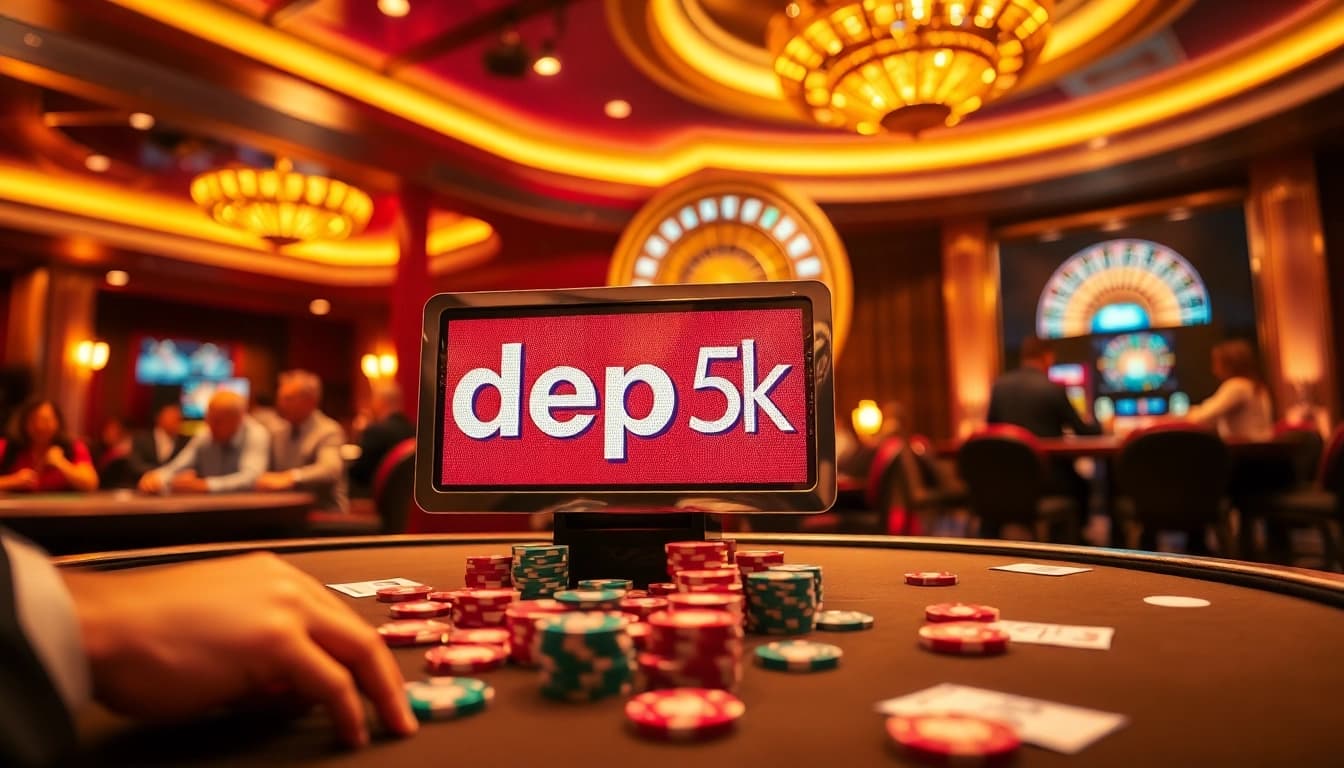 Excitement at the casino with the depo 5k slot machine and engaging poker players.