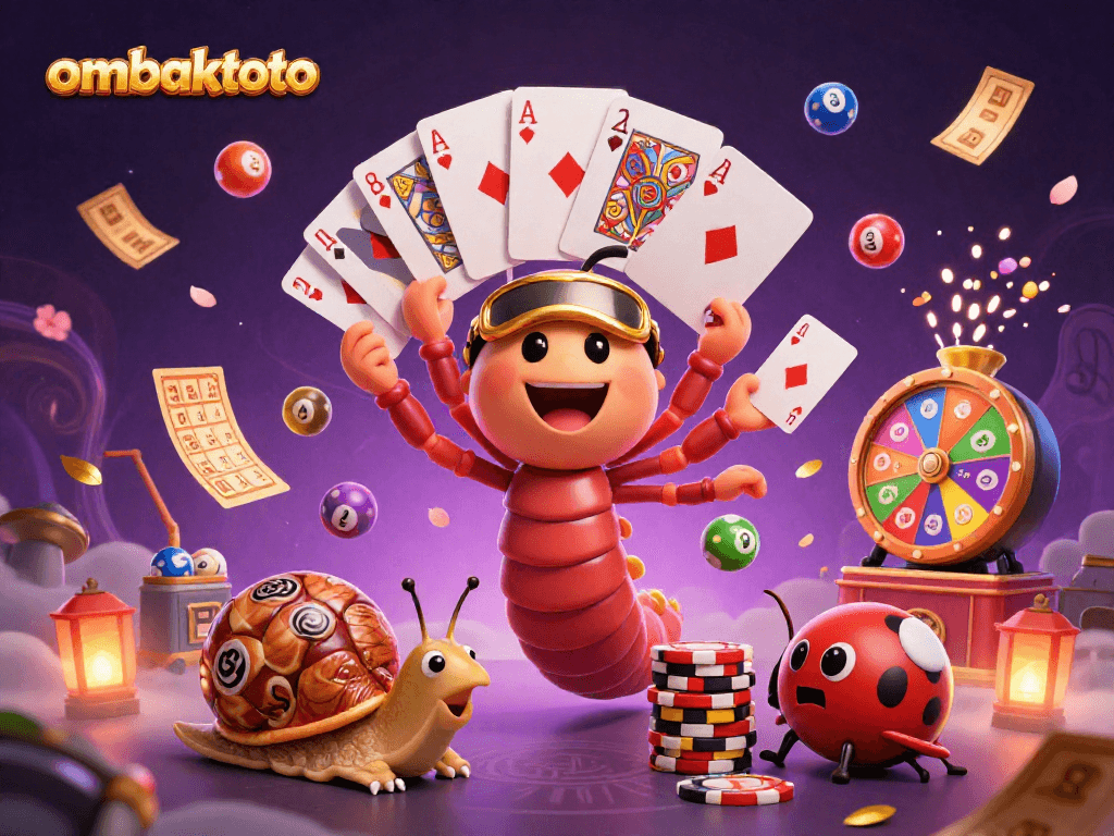 Experience excitement at ombaktoto with vibrant lottery balls and characters celebrating wins.