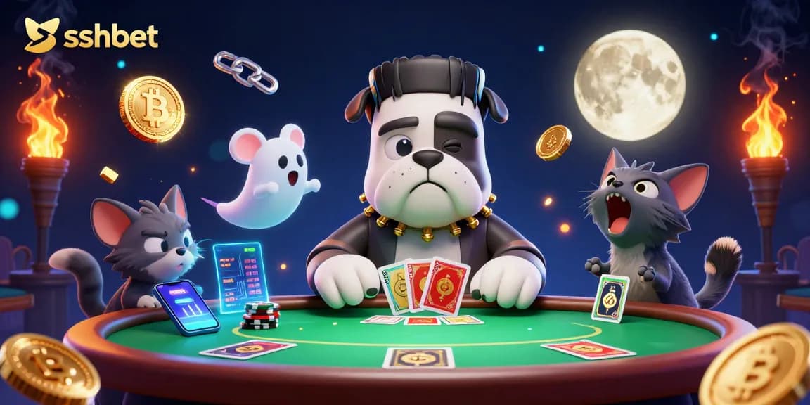 Experience thrilling poker action at sshbet with a Frankenstein bulldog dealing cards and crypto elements.