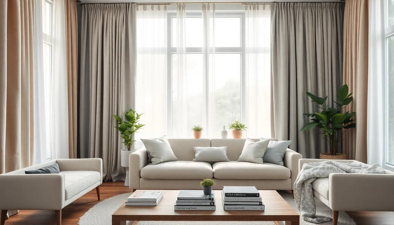 Stof voor gordijnen in een serene woonkamer met natuurlijke verlichting en decoratieve elementen.