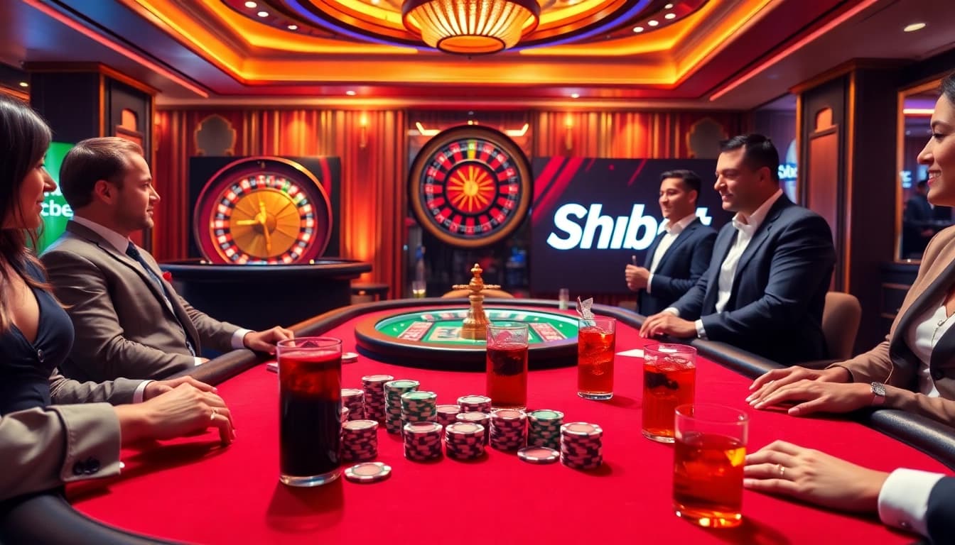 Players enjoying a thrilling poker game at Shbet's luxurious casino table.