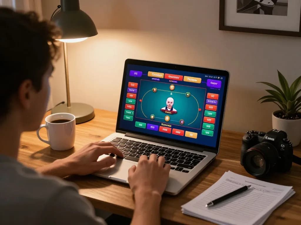 Engaging with online casinos in Canada reddit through a vibrant poker interface on a cozy home setup.