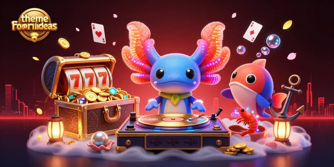 Themeroomideas showcases vibrant casino fun as a neon axolotl DJ spins winning slots with lively sea creatures.