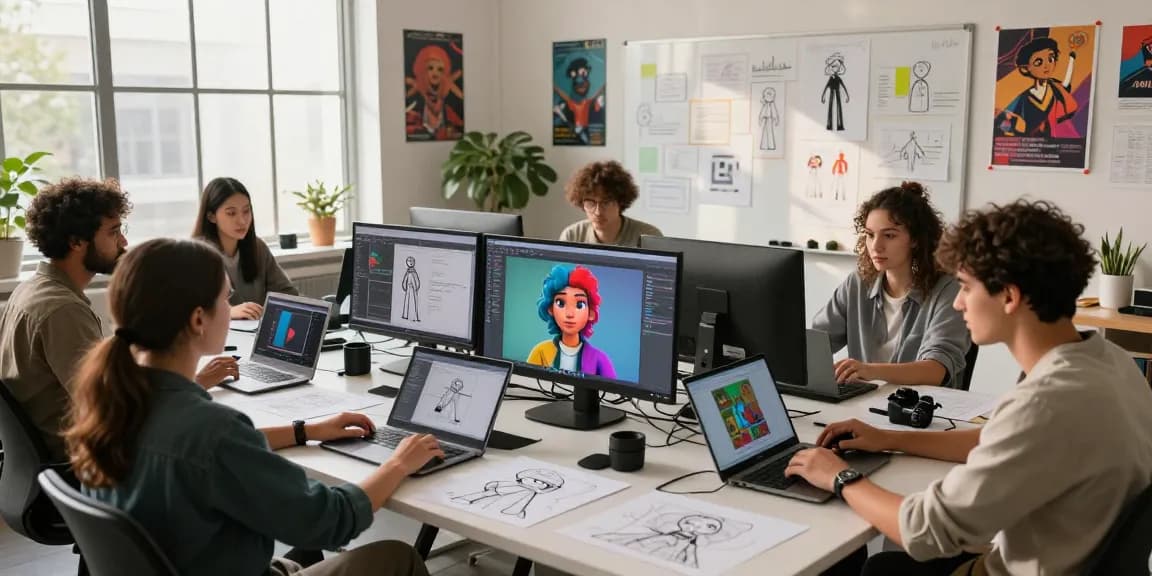 Creative team working on nsfw ai character designs in a vibrant art studio filled with tech.