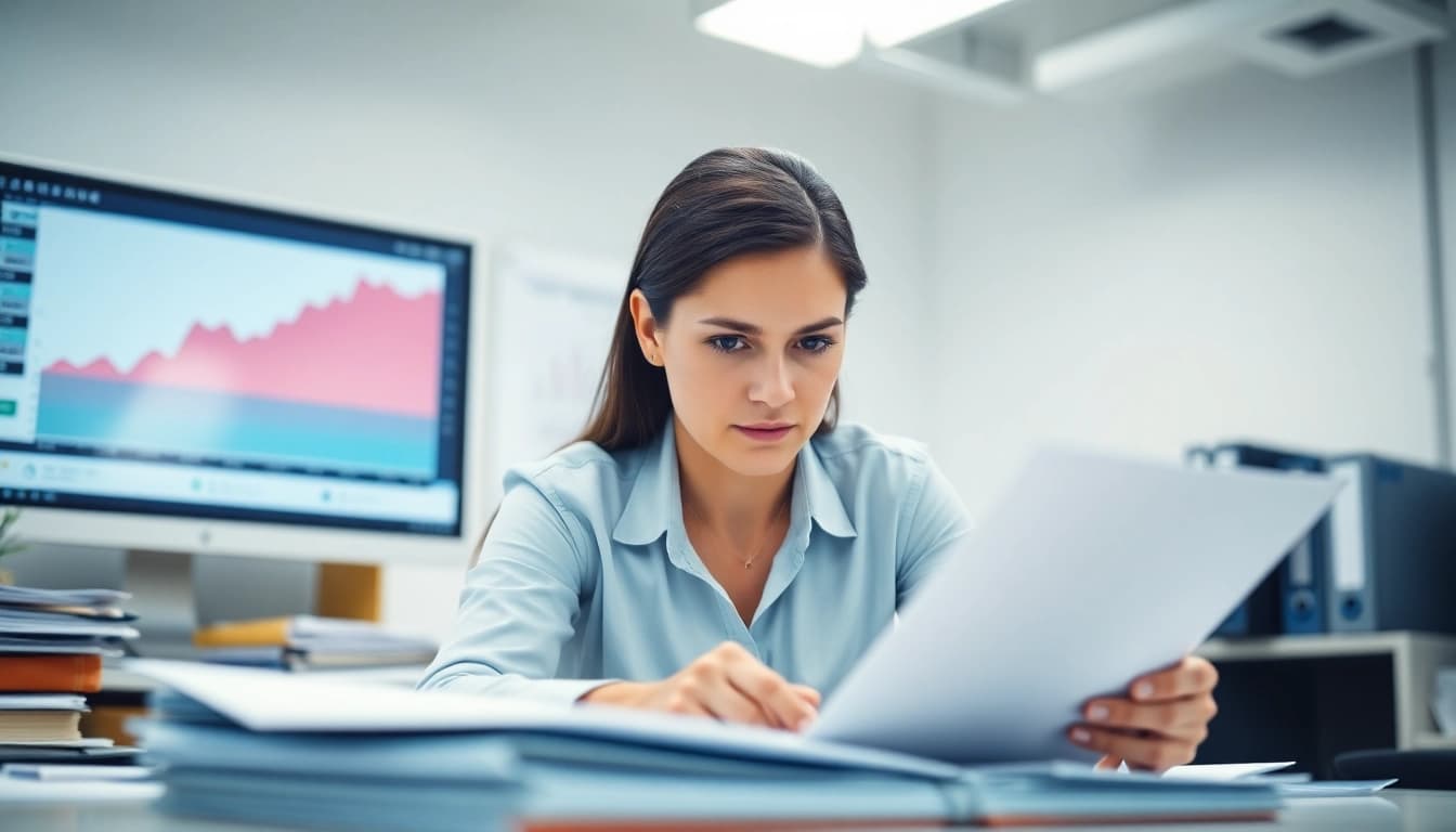 Debt collection uk professional reviewing financial documents in an office setting