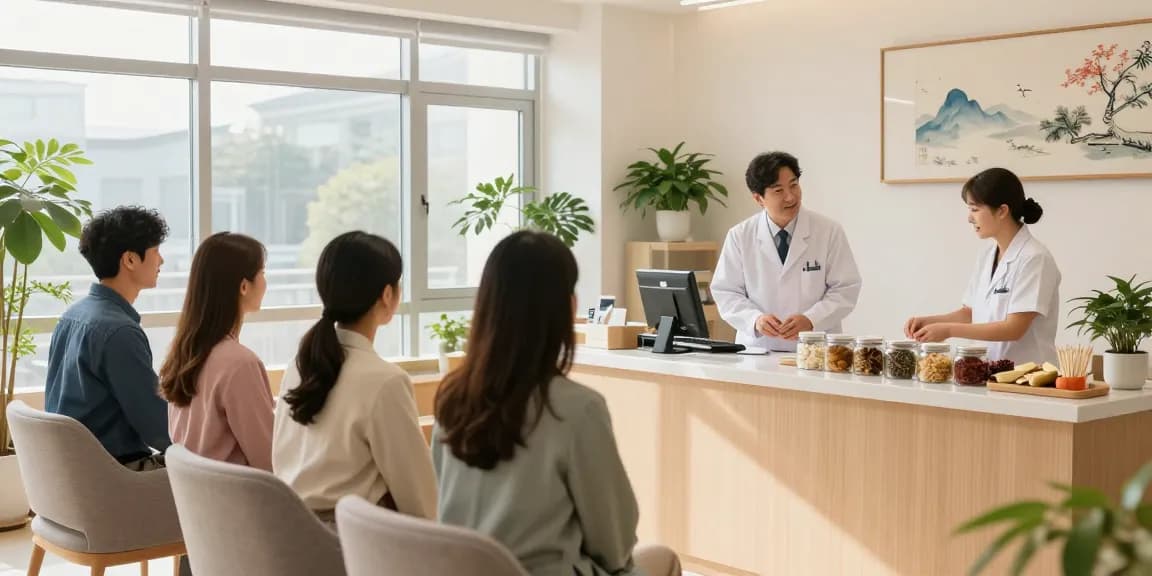 Welcoming scene at a 수원한의원 [Suwon Traditional Korean Medicine Clinic] featuring friendly staff and patients in a modern, serene environment.