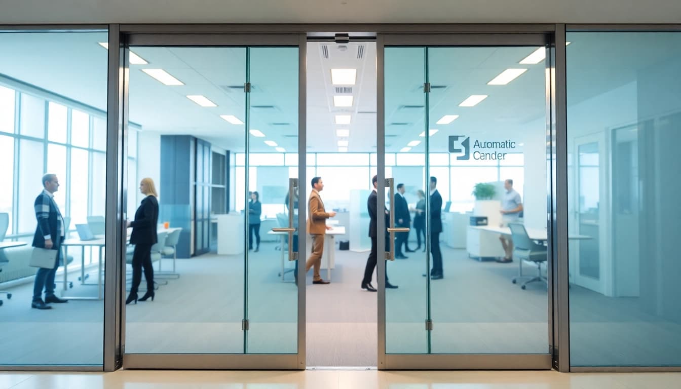 Featuring smooth, Commercial Automatic Doors enhancing accessibility in a busy office space.