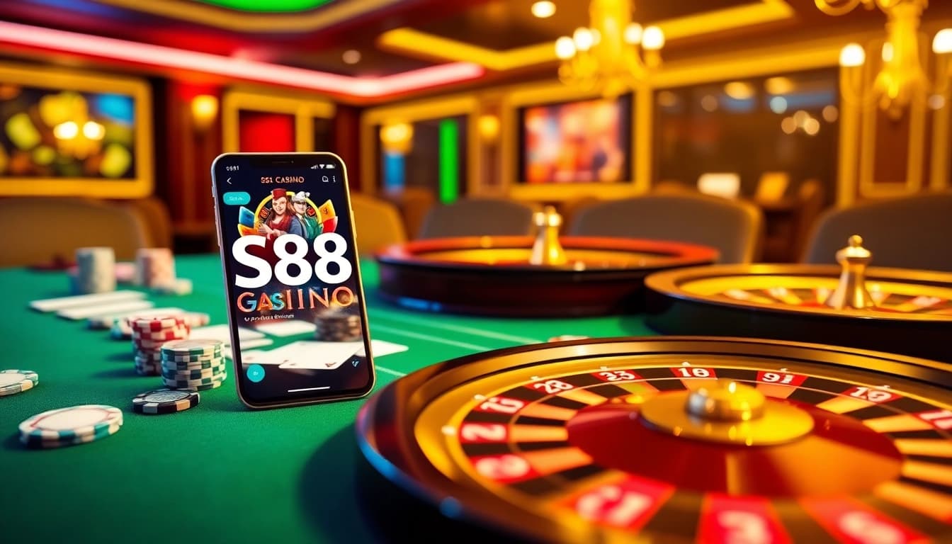 S88 players engaging with a luxurious casino table and online gambling interface.
