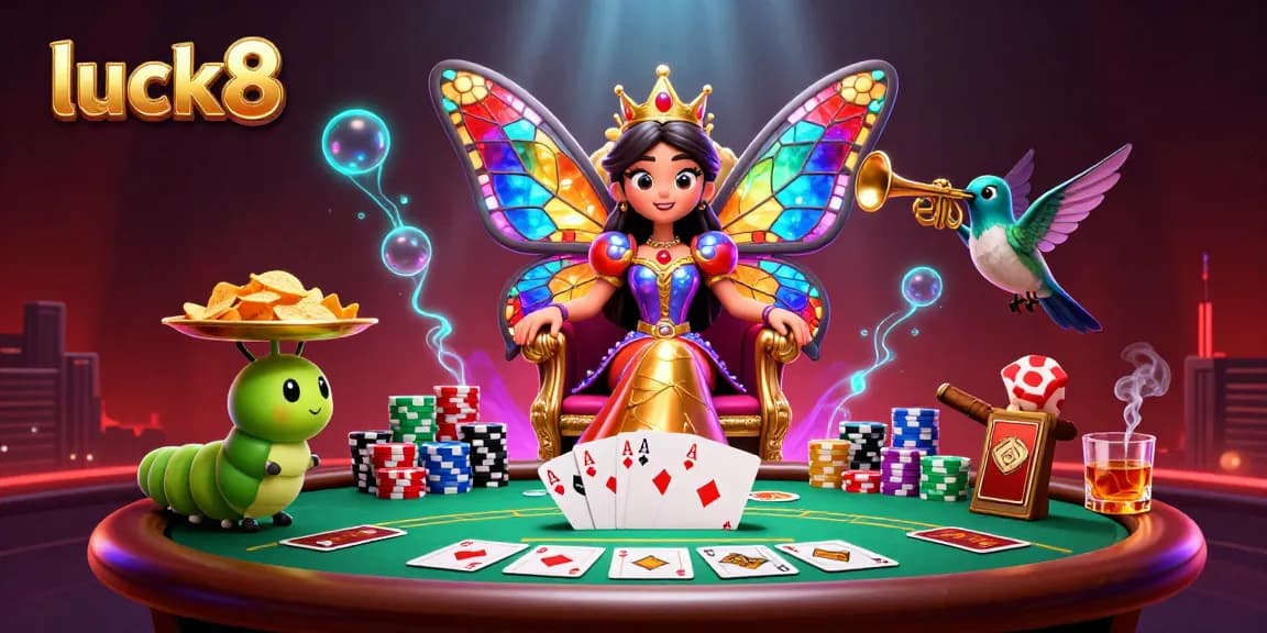 Experience luck8 with a vibrant 3D illustration of poker and enchanting casino elements.