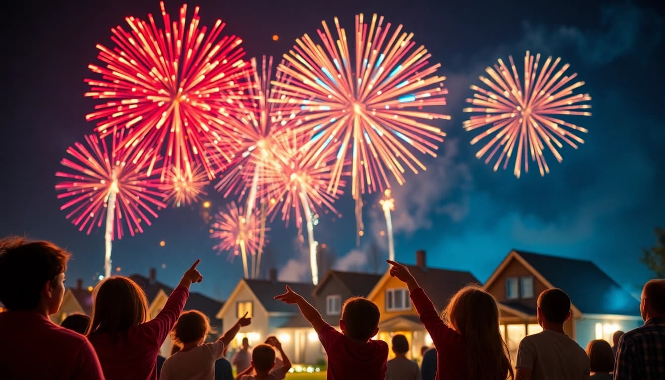 Families enjoying cheap fireworks near me in a colorful night sky display.