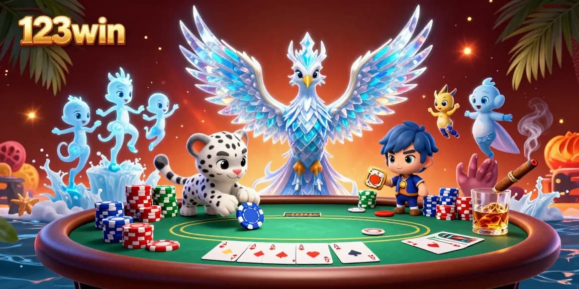 Engage with the magic of 123win featuring an ice phoenix at a vibrant poker game.