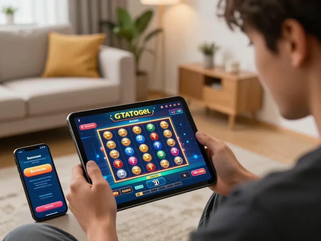Engaging with GTAtogel app for online slot gaming on a tablet, showcasing excitement