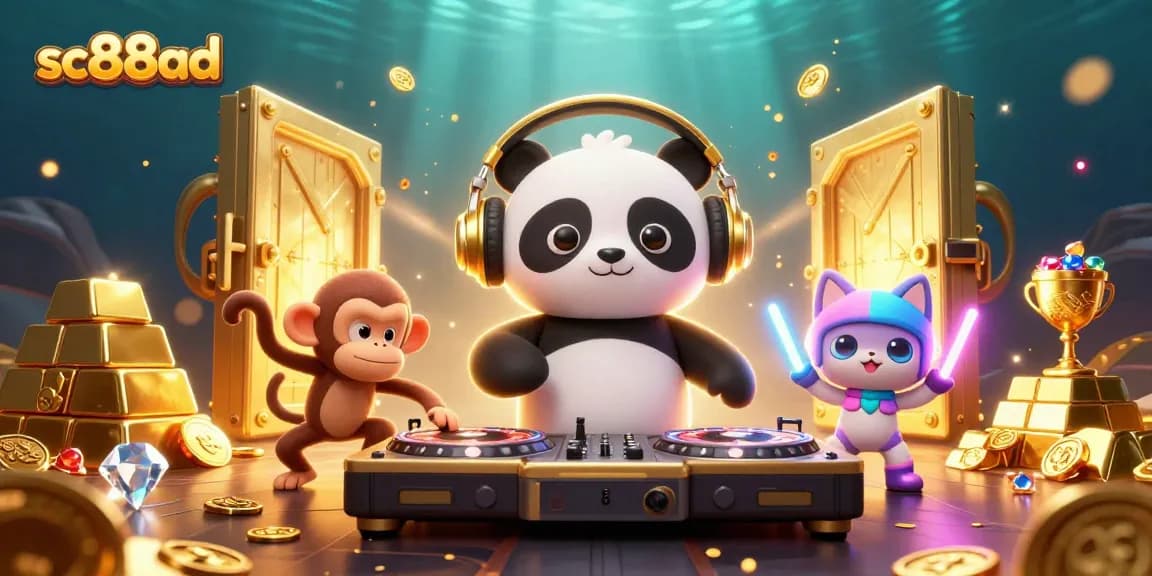 Spin jackpot reels with sc88ad's DJ panda in a vibrant casino world, showcasing dynamic elements.
