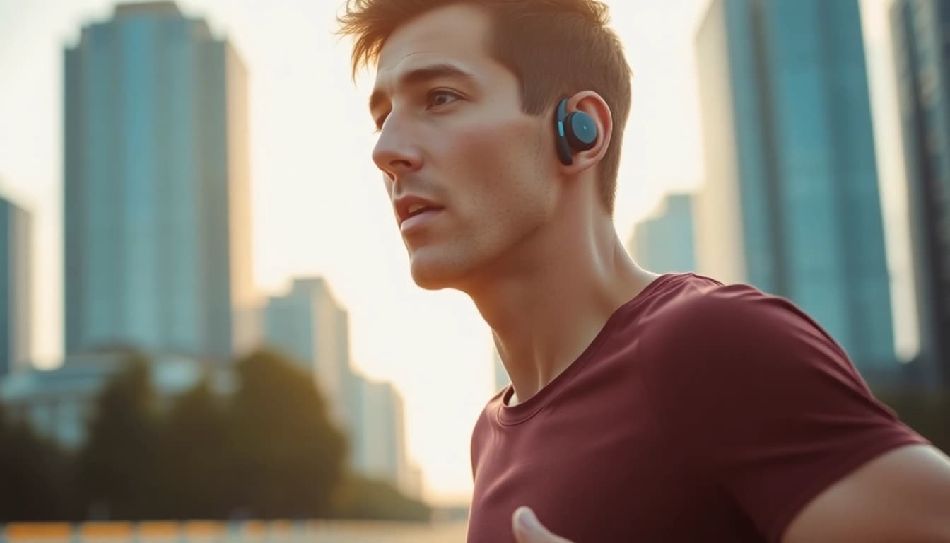 Runner energizing with F1 Bone Conduction Headphones in a vibrant city setting.