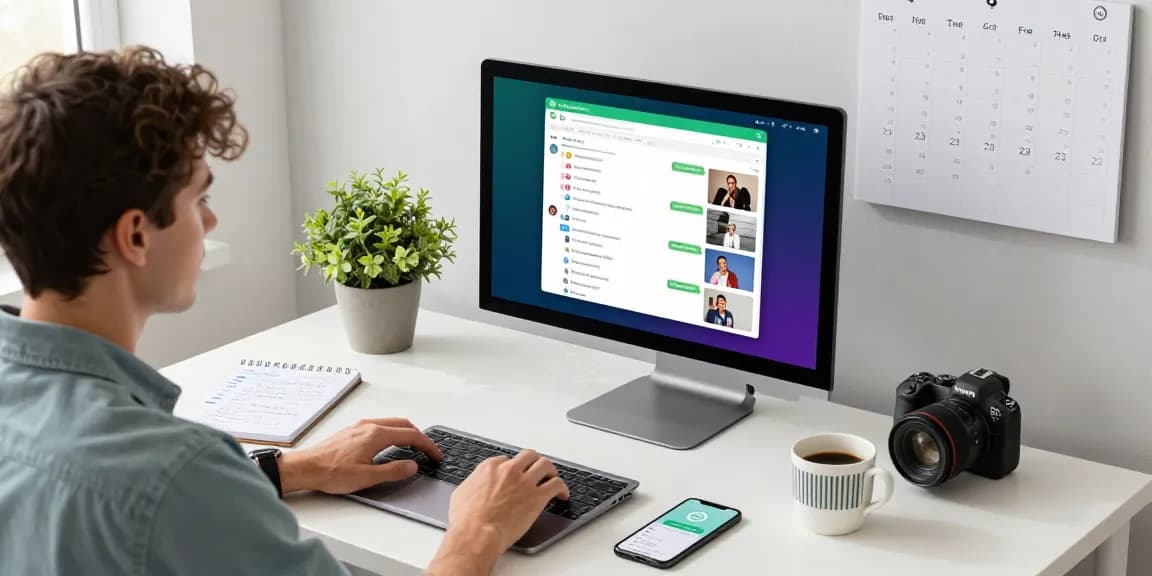 Engaged user operating WhatsApp電腦版 on a modern desk with coffee and plants, showcasing a productive workspace.