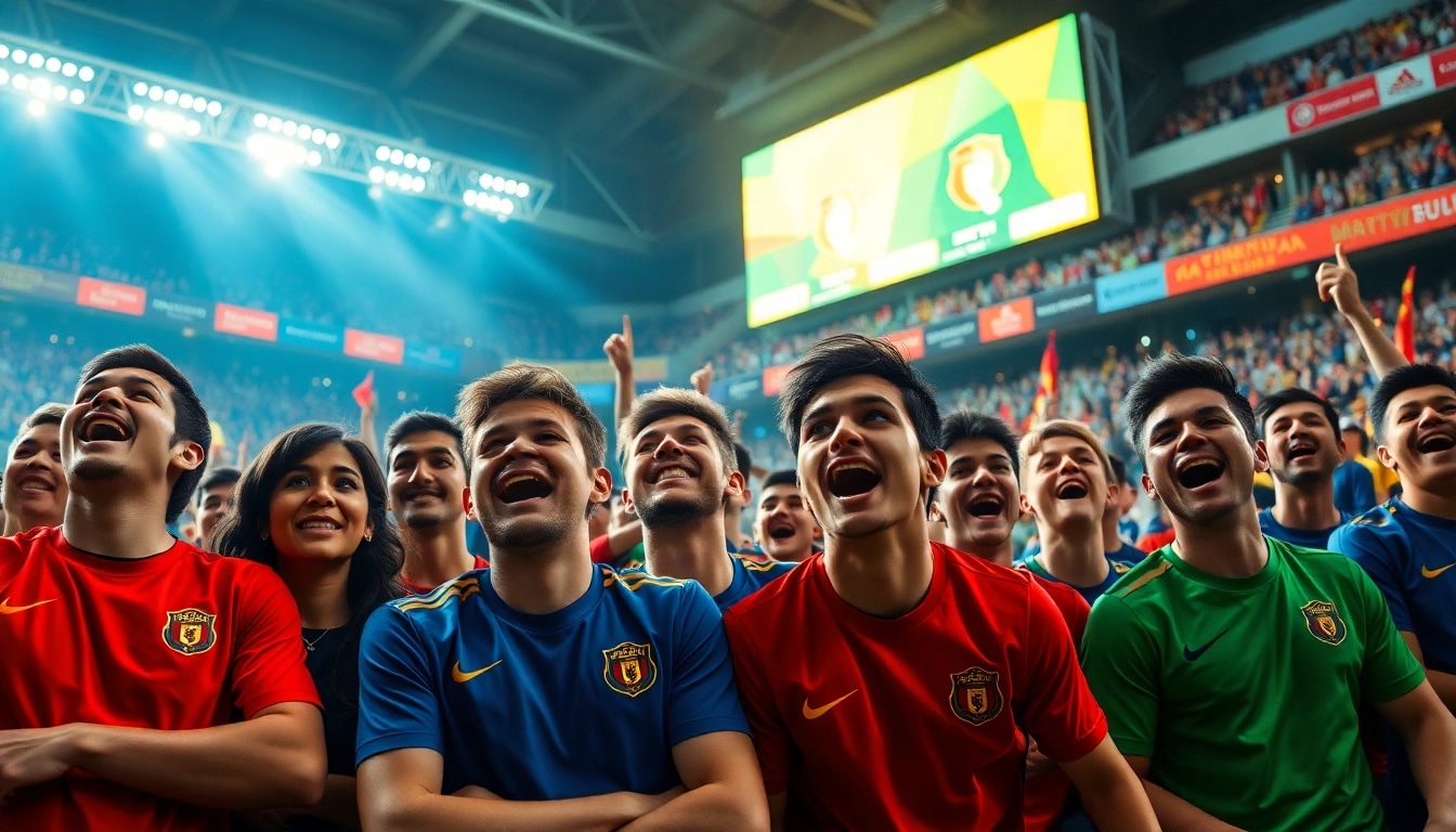 Fans excitedly watching a live soccer match, displaying tỷ lệ kèo on scoreboard.