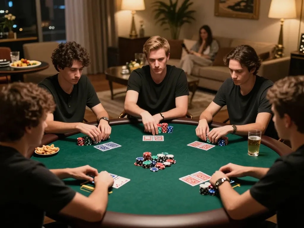 Nohu90 players engaged in a thrilling poker game with strategic bets in a warm home environment.