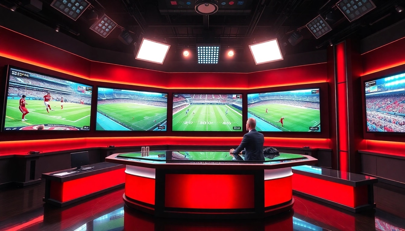 Engaging scene of sports broadcasting studio showcasing expert host and live event screens.