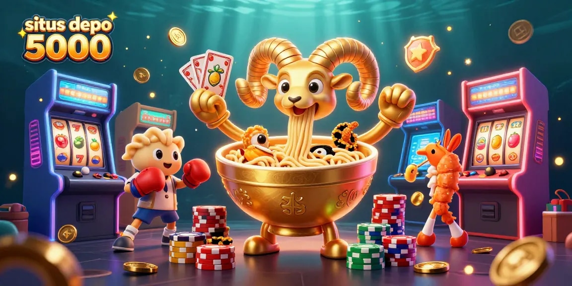 Menangkan permainan di situs depo 5000 dengan karakter kartun kasino yang penuh warna dan simbol permainan.