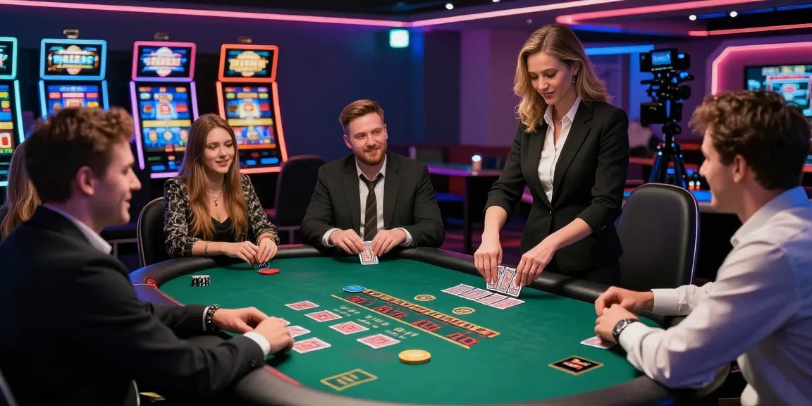 Players enjoying live dealer games at a modern casino, highlighting credit card options from brcs.co.uk.