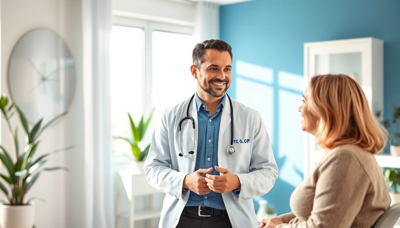 Private GP consulting with a patient in a welcoming office environment.