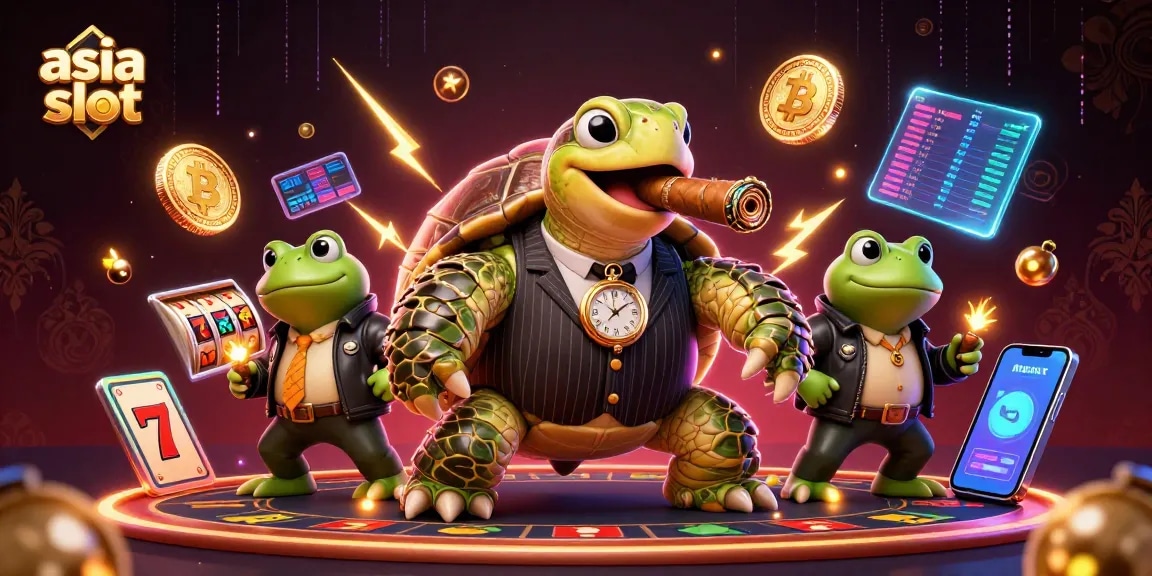 Slot gacor asia slot menampilkan kura-kura besar dan tokoh penegak hukum dalam suasana kasino.